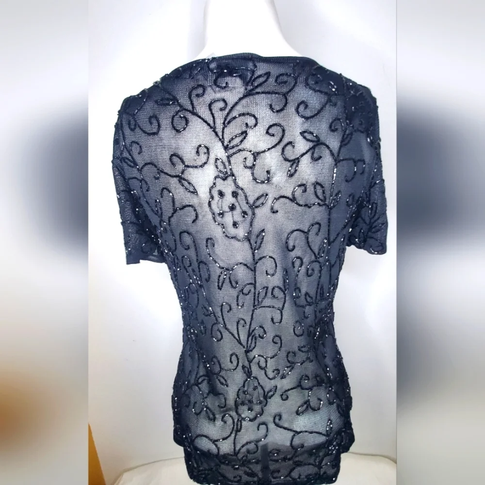 Oscar de la Renta Black Embellished Short Sleeve Top - Knit  Beaded - Picture 3 of 10